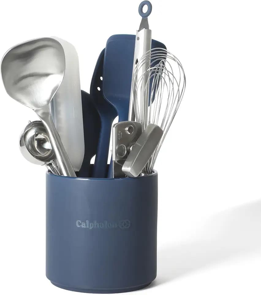 Calphalon Edge 10-Piece Kitchen Utensil Set with Crock, Stainless Steel and Silicone Cooking Tools, Nonstick-Safe Utensils with Comfortable Handles, Navy Blue