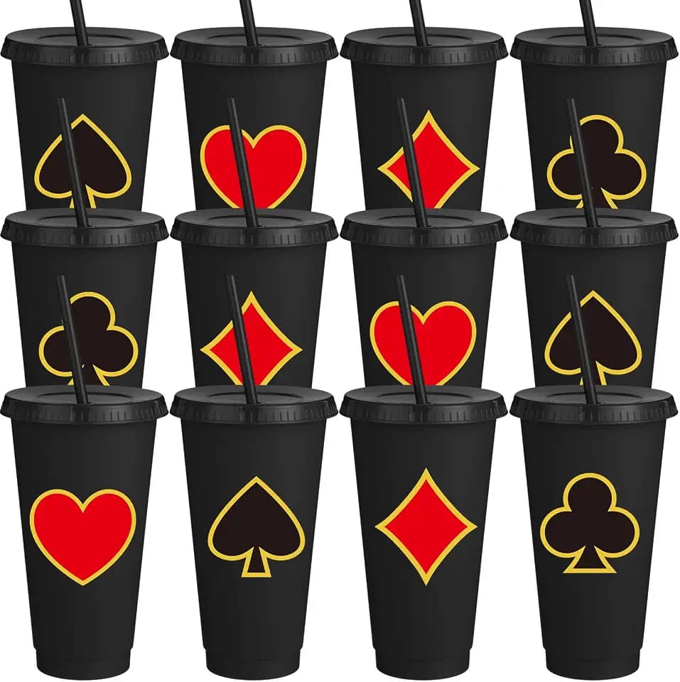 Funnymoom 12 Pcs Casino Party Favor Cups Poker 24 oz Plastic Reusable Cute Cups with Lids and Straws Cold Travel Mug Tumblers Water Bottle for Dice Vegas Casino Game Night Party Supplies