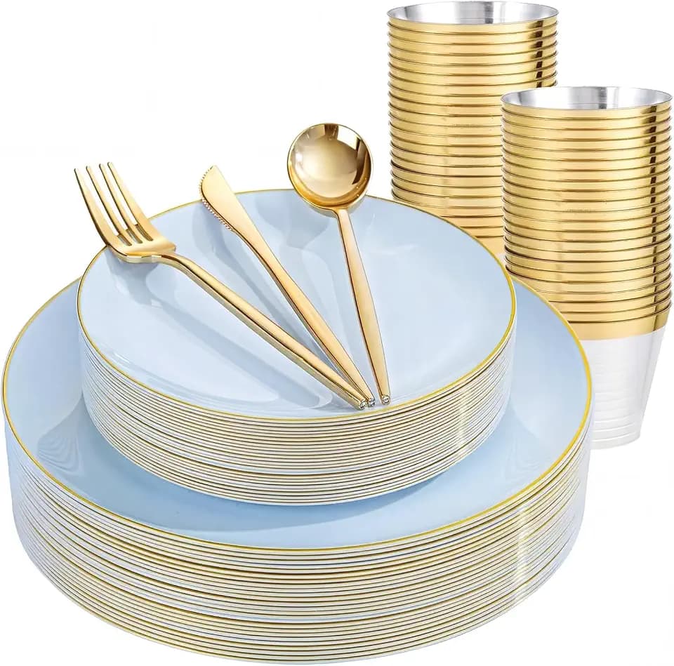 bUCLA 150PCS Blue Plastic Plates - Light Blue and Gold Disposable Include 25 Each (Dinner & Dessert) Plates, 25 Knives, 25 Forks, 25 Spoons and 25 Cups, Ideal for Party, Birthday & Wedding