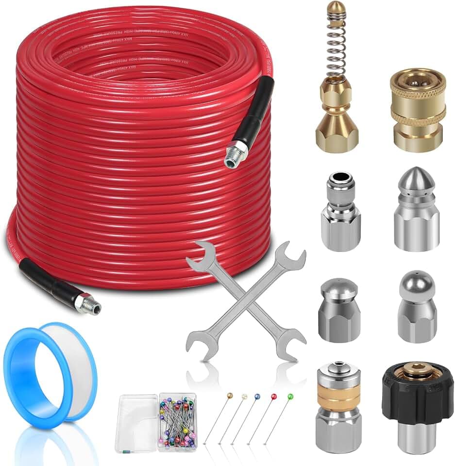 100FT Sewer Jetter Kit for Pressure Washer, 1/4''NPT Drain Cleaner Hose 5800PSI, Pressure Washer Cleaning Kit with Corner Rotating Button Sewer Jetting Nozzles, Quick Connect Set