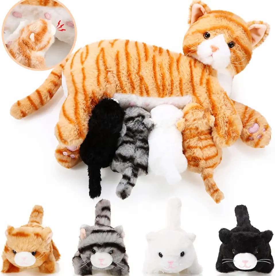 Skylety Nurturing Cat Stuffed Animal with 4 Baby Kittens, Cute Style