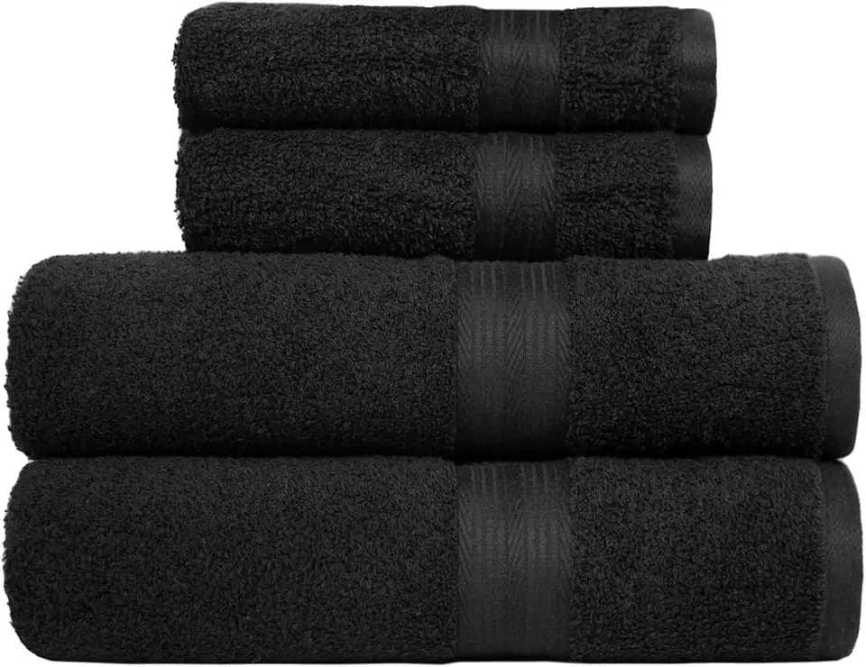 Amazon Basics Handtücher-Set, 100% Baumwolle, Farbecht, Saugfähig, 2 Badetücher, 2 Handtücher, 4-teilig, Schwarz