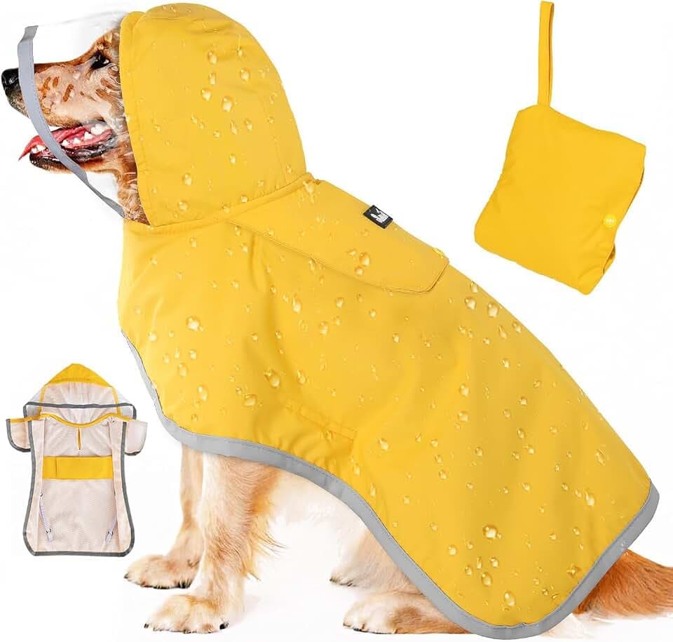 Eyein Wasserdichter Hunderegenmantel, Regenmantel für Große Hunde mit Kapuze und weichem Futter, Verstellbare Hunderegenjacke mit reflektierenden Streifen für Spaziergäng, Winddicht und leicht, XL