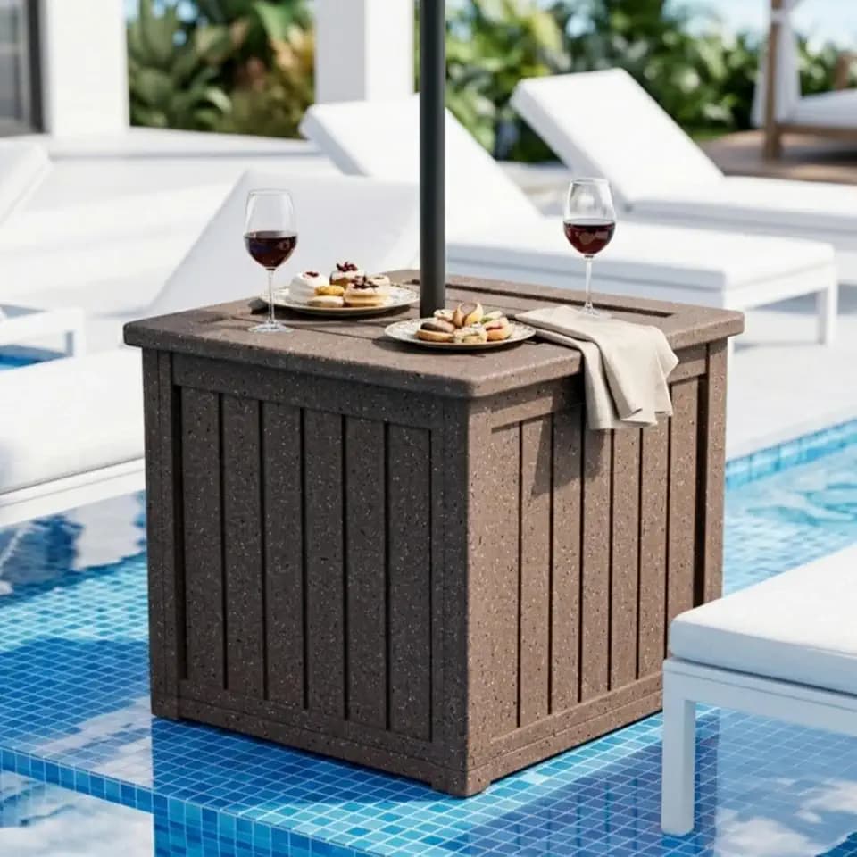 Patio Umbrella Base, 3-in-1 HDPE Umbrella Table & Flower Pot, Brown