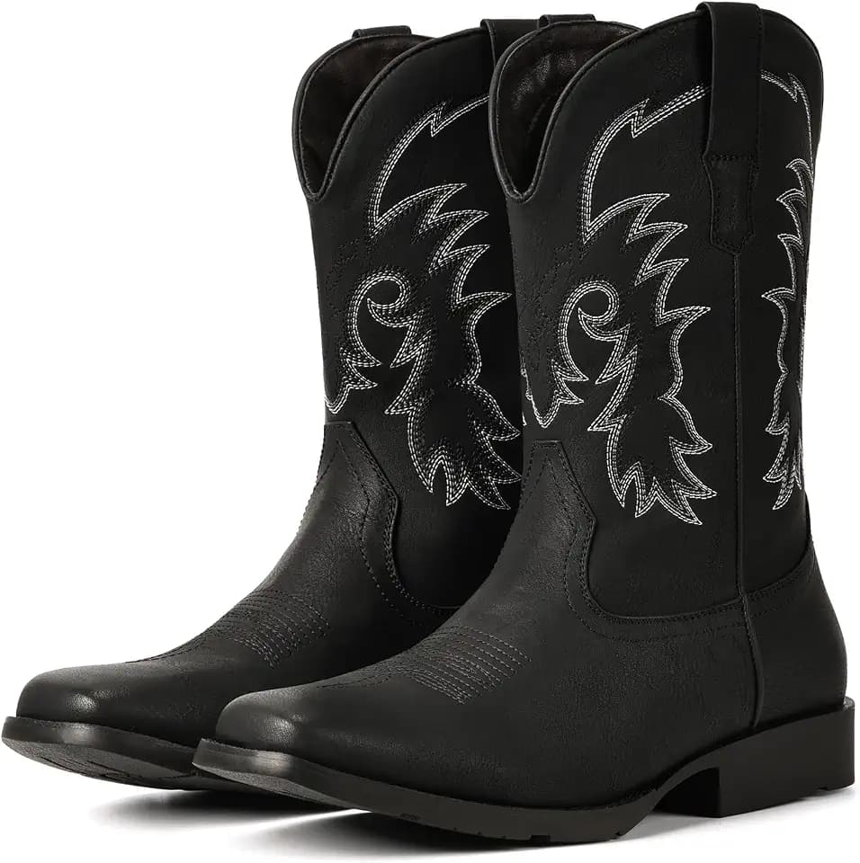 IUV Cowboy Boots for Men Square Toe Western Classic Embroidery Boots