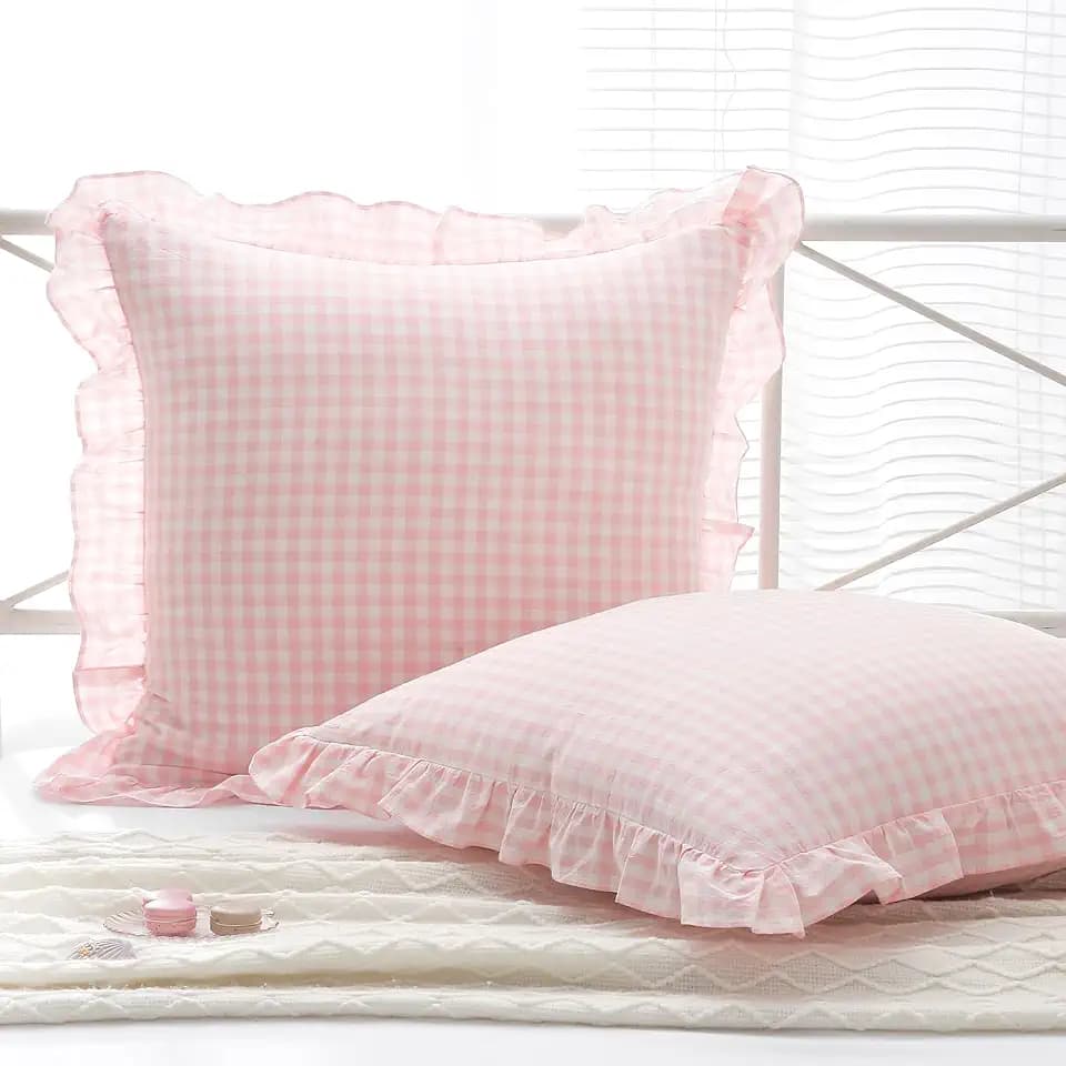 2 Pack Blush White Gingham Ruffle Throw Pillow Covers 22''x22''
