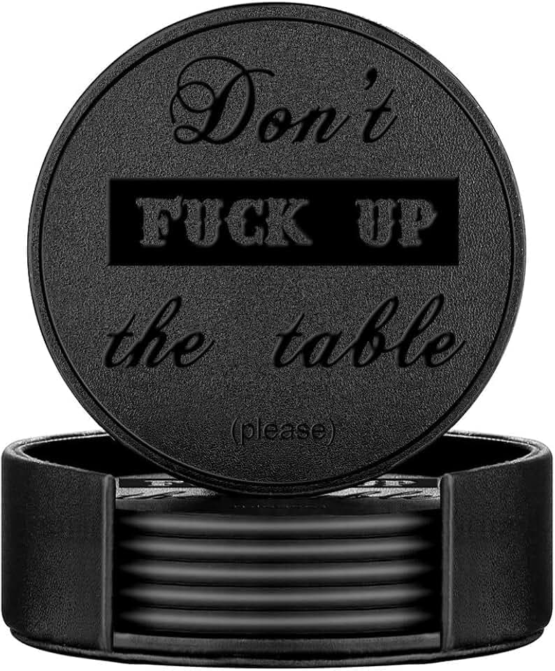 Funny Coasters, Thipoten 6 Pcs Leather Coasters with Holder, Perfect Housewarming Hostess Gifts, Protect Furniture from Water Marks Scratch and Damage(6Pcs, Black)