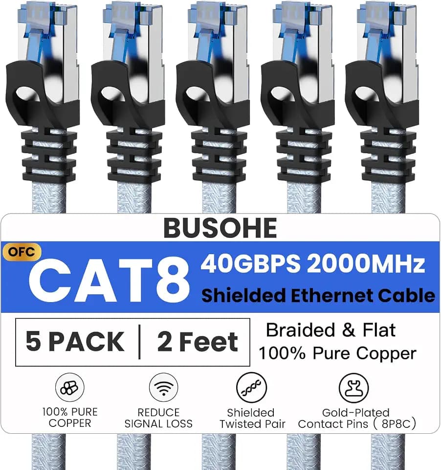 BUSOHE Cat 8 Ethernet Cable 2 FT 5 Pack, 40Gbps Shielded Braided RJ45 Cable