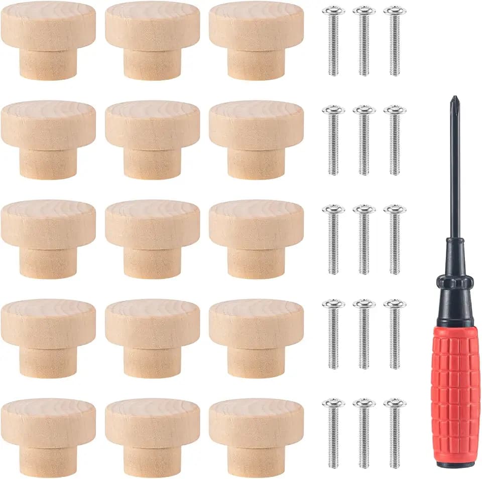 MumdoYAL 15 stück Möbelknöpfe holz,schrankknöpfe,Knäufe für Schränke und Schubladen,holzgriffe für schränke,türknöpfe,Mit Schrauben,35 x 25 mm,rund,Holz
