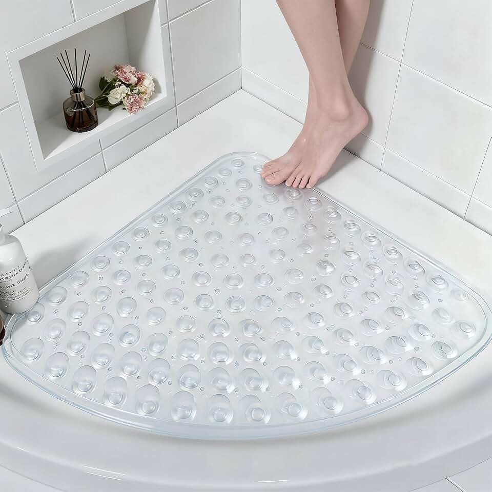 Duschmatte rutschfest Dreieckig 54x54 cm, PVC Viertelkreis Antirutschmatte Dusche mit Saugnäpfen, Groß Duscheinlage rutschfest mit Ablauflöchern, rutschmatte Dusche für Senioren, Transparent