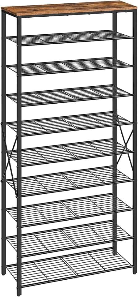 HOOBRO Schuhregal mit 10 Ebenen, Hoch Schuhablage, Große Schuhaufbewahrung, Schuhständer Metallrahmen, Schuh-Organizer für Schlafzimmer, Flur, Dunkelbraun-Schwarz EBF89XJ01
