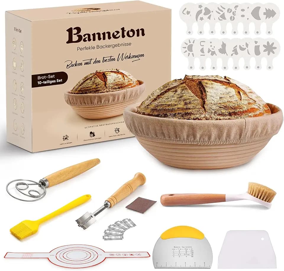 10-tlg Gärkorb Set Sauerteig rund 23cm Rattan Anfänger Geschenk