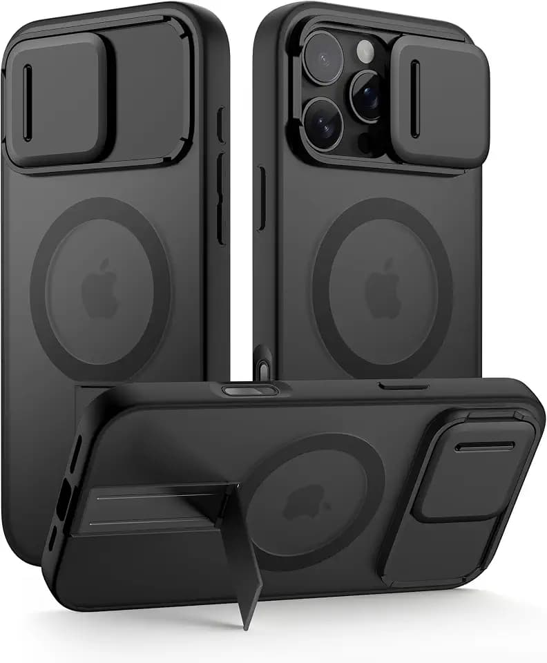 SURITCH for iPhone 16 Pro Case, Compatible with MagSafe, Built-in Kickstand & Camera Cover & Translucent Back, Shockproof Rugged Protective Phone Cover 6.3 Inch, Black