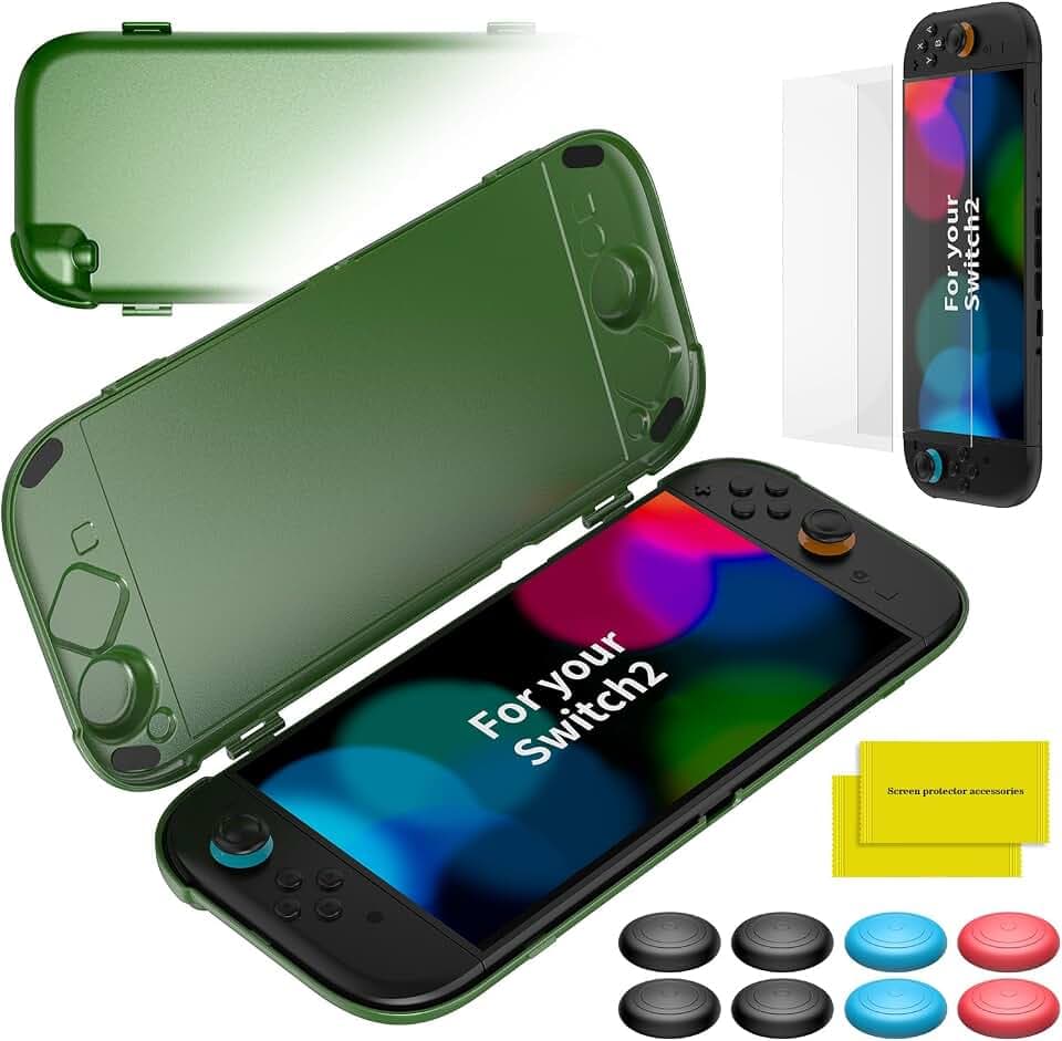 Case for Switch 2 , OLCLSS Carrying Case for Nintendo Switch 2, Drop Protection, Transparent Acrylic Hard Shell with 10H Tempered Glass, Includes 2 Screen Protectors, 8 Thumb Grip Caps and 6 Dust Plugs，Compatible with Nintendo Switch 2- Green