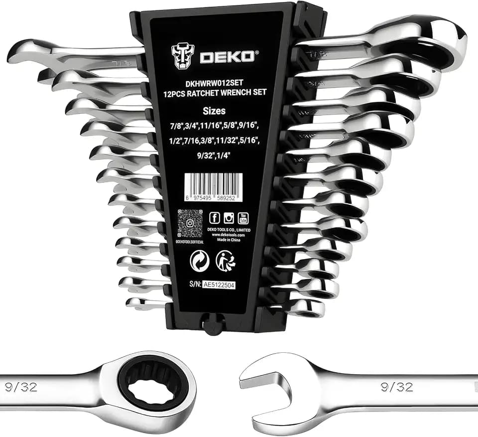 DEKOPRO 12-Piece Ratcheting Wrench Set SAE 1/4'' to 7/8'', Fixed Head Combination Wrenches Set with Rack Organizer, Cr-V Steel, 12 Point 72 Teeth