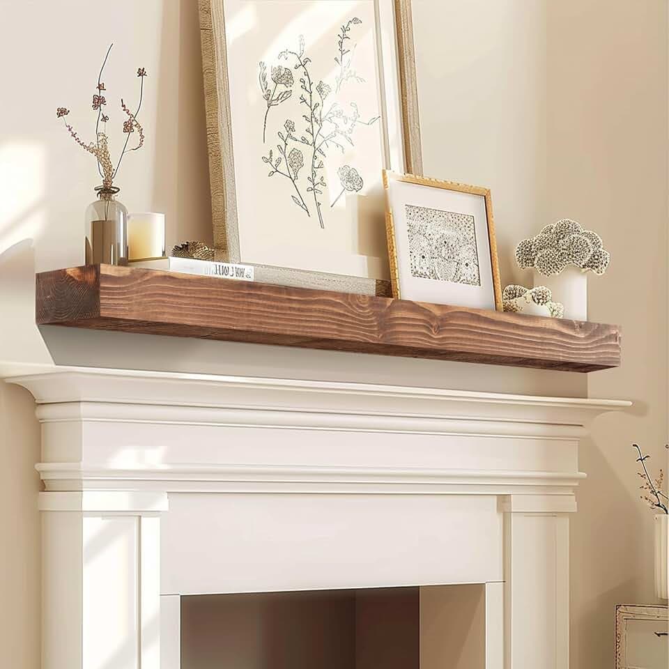 Fireplace Mantel 54'' Solid Wood Floating Shelf, 3'' Thick, Brown