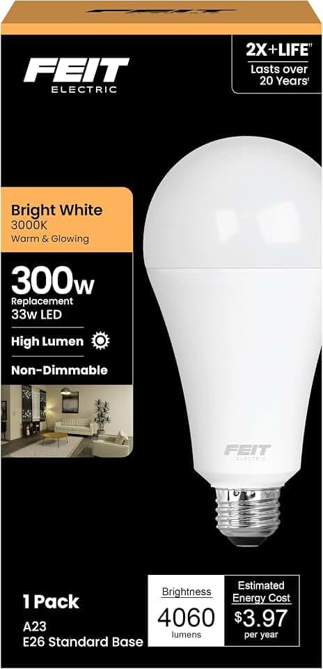 Feit Electric A23 LED Light Bulb, 300W Eq, Bright White