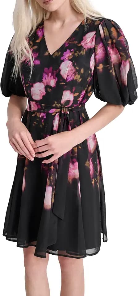 DKNY Women's Short Balloon Sleeve Surplice Neck Mini Removable Belt Faux Wrap Dress