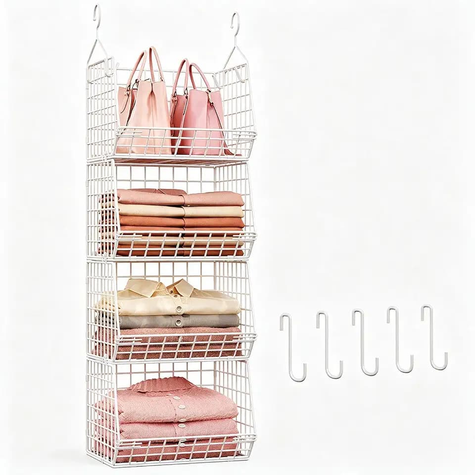 4 Tier Closet Hanging Organizer Foldable Dorm Closet Organizer White