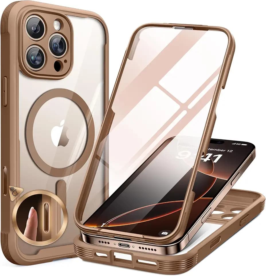 miracase for iPhone 16 Pro Max Case 6.9'', [Bubble Free] Full-Body Bumper Phone case with Built-in Full Glass Screen&Camera Control, Compatible with MagSafe,Drop Proof 16 Pro Max Cover,Desert Brown
