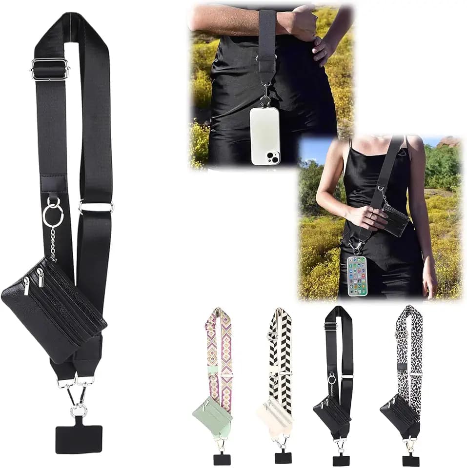 IRIDESCENT Phone Strap with Zippered Pouch, Waterproof Nylon CutePhone Lanyard Crossbody Wrist Strap, Suitable for Mobile Phone Wallet Black
