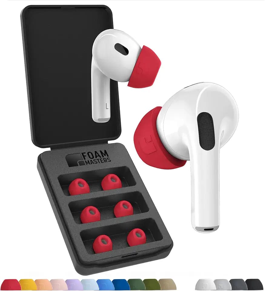 Foam Masters Ultra-Premium Memory Foam Ear Tips for AirPods Pro 1st & 2nd Gen | 3 Pairs | New Ver. | Secure Fit | Super Comfort | Better Noise Cancel | Replacement Buds (Assorted S/M/L, Red)
