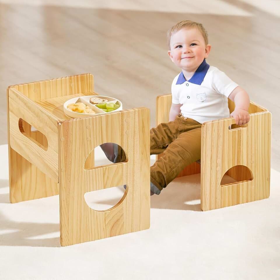 FUNLIO Höhenverstellbarer Montessori Tisch und Stuhl für Kinder 1-3 Jahre, Massivholz, Entwöhnung Baby Tisch für Essen/Spielen/Lesen, einfach zu montieren - Natur