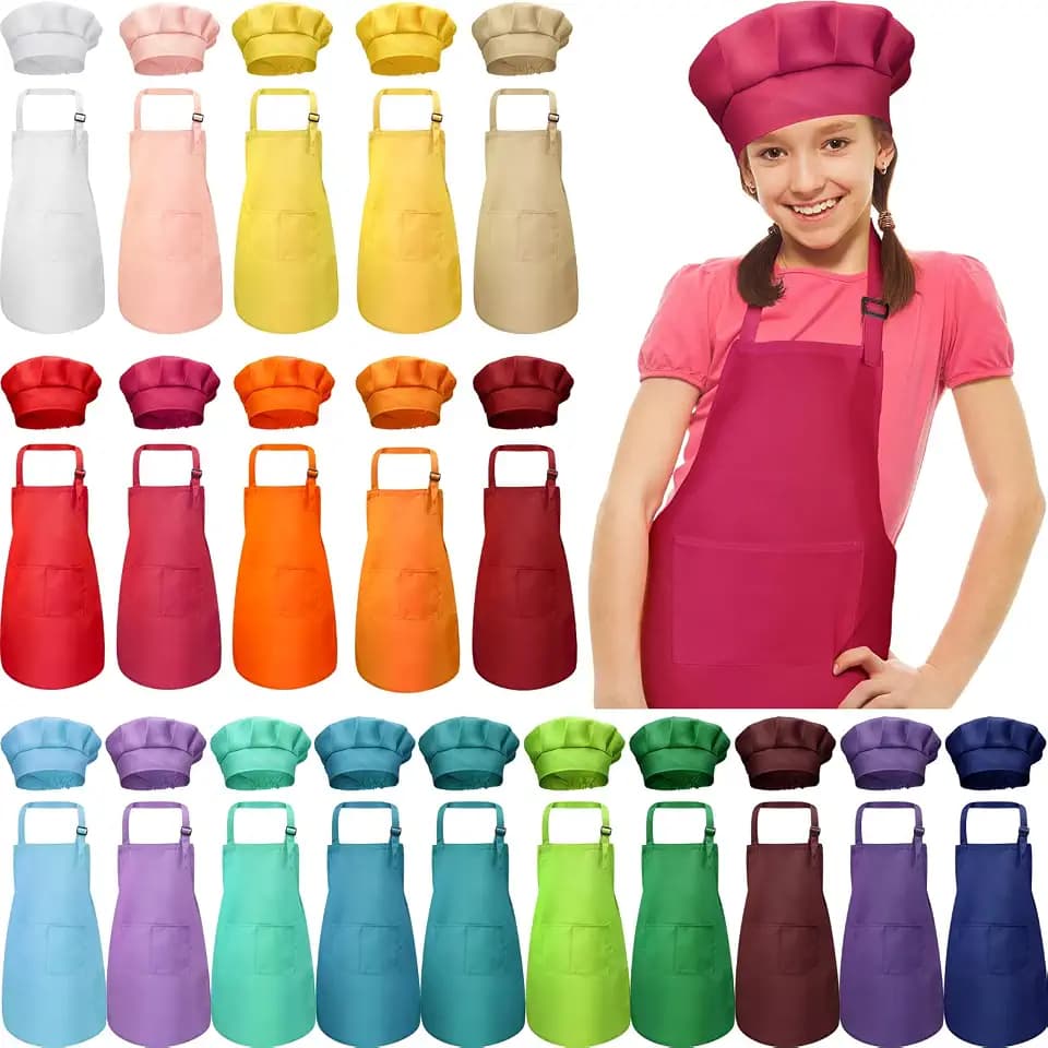 Handepo 40 Pcs Kids Aprons Chef Hats Set Bulk for Cooking