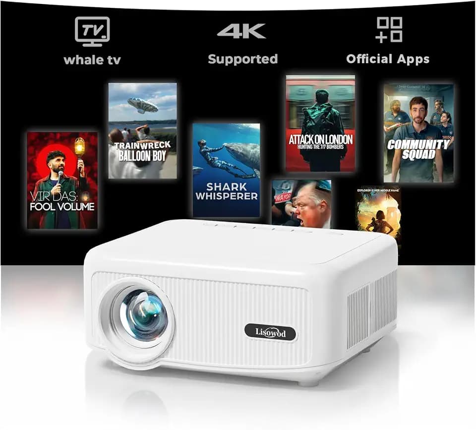Outdoor Projector [Ultra Brightness & Official Apps] Movie Projector 4K, Electric Focus & 4P Keystone, Lisowod L02 Smart Projector with WiFi and BT, Portable Proyector for Backyard & Home Cinema