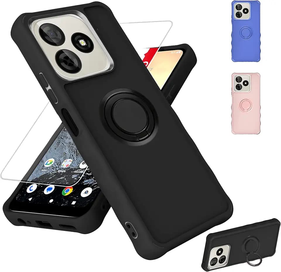 jioeuinly for Case Compatible for BLU G65L / Pinwheel Genesis 4 Phone Case Cover [with Tempered Glass Screen Protector][ 2MM Thickening Super Protection][Ring Support] Black
