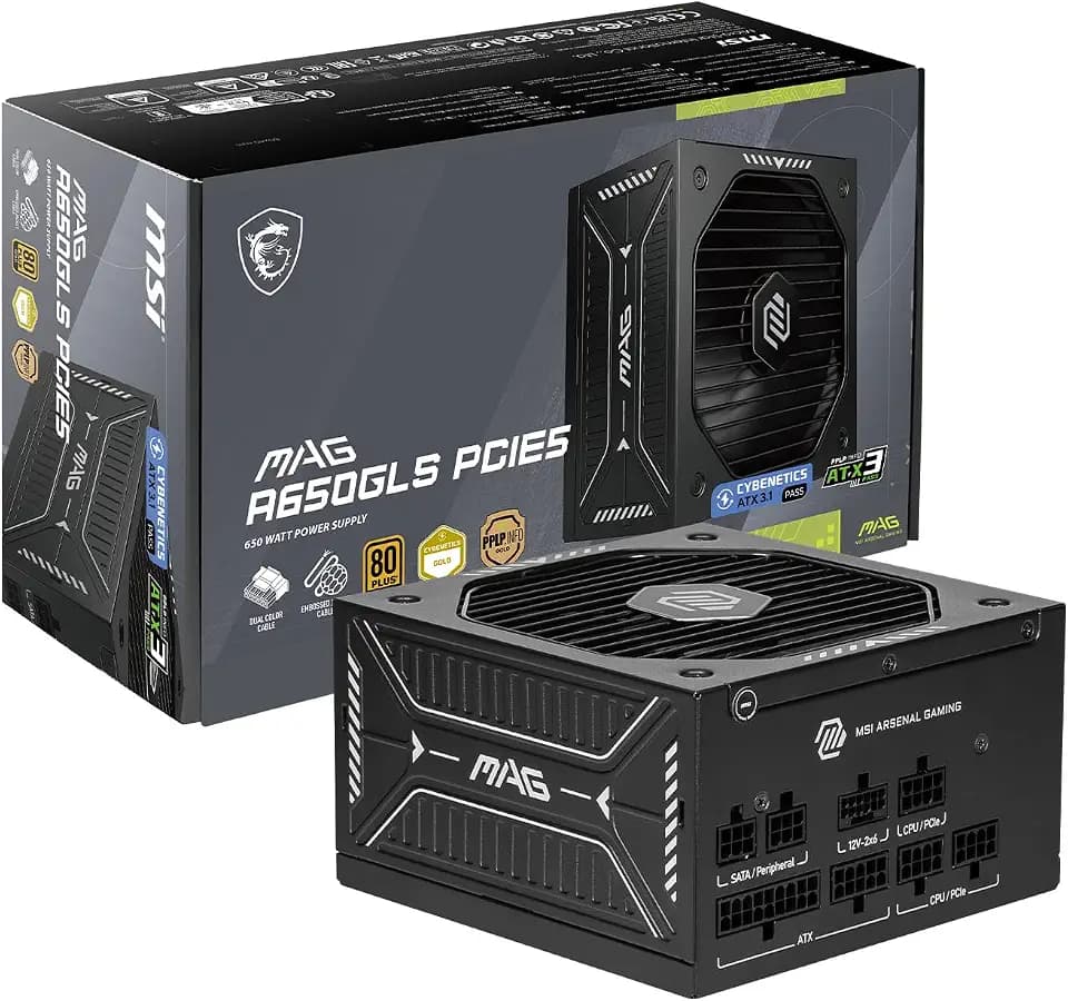 MSI MAG A650GLS PCIE5, Fully Modular Compact Gaming 650W Power Supply, 80+ Gold, ATX 3.1 & PCIe 5.1 Ready, Native Dual-Color 12V-2x6 Embossed Jacket Cables, Low-Noise, 10 Year Warranty
