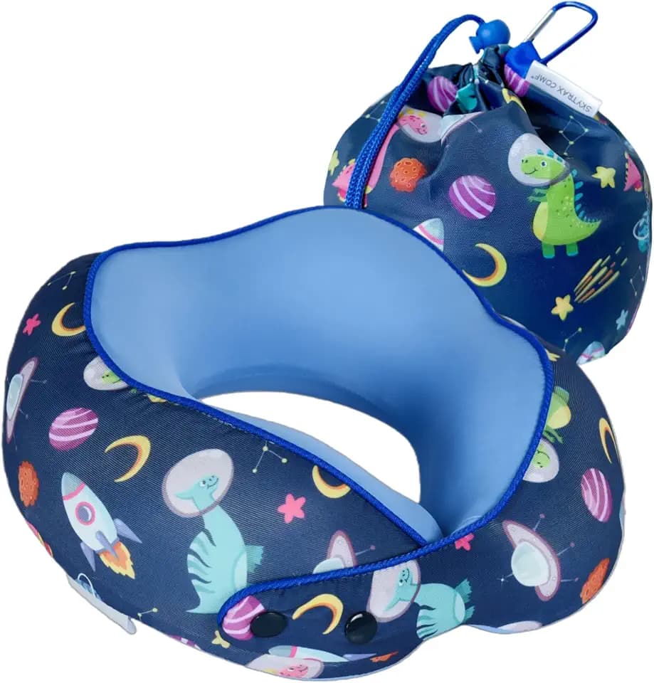 SKYTRAX® Certified Kids Safe Memory Foam Travel Neck Pillows for Kids and Toddlers, Cute Cartoon Design, Car Seat & Airplane Head Neck Support, Adjustable Snap Buttons, Washable Soft Cover (Dinosaur)