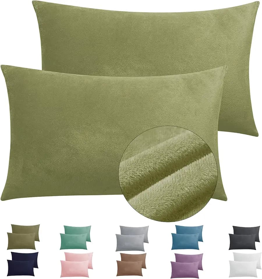 2 Pack Zippered Velvet King Pillowcases, Super Soft and Cozy Luxury Fuzzy Flannel Pillow Cases with Zipper, 20x36 Inches, Army Green