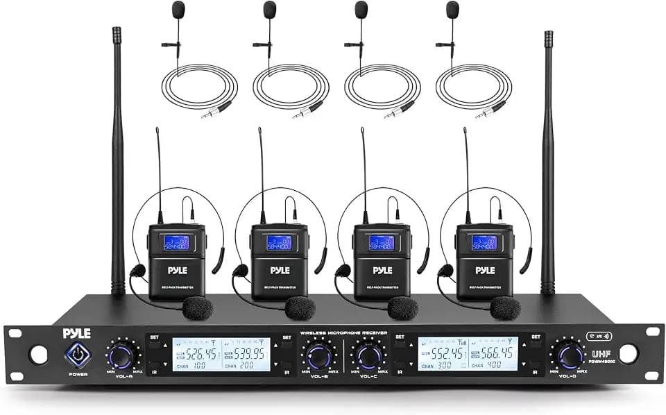 Pyle 4 Channel UHF Wireless Microphone System with 4 Lavalier & 4 Headset Mics, 300 Ft Range, Rack Mount Receiver for Conferences, Events & PA Systems