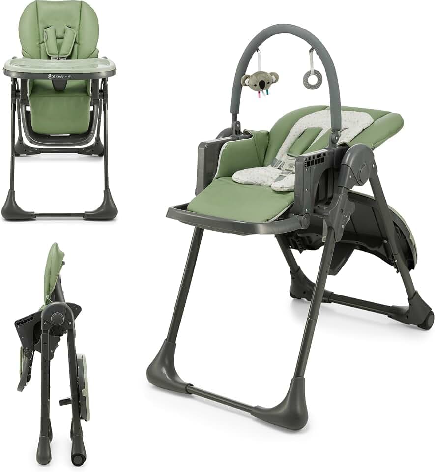 Kinderkraft TUMMIE Hochstuhl 2 in 1, Kinderhochstuhl, Babystuhl, Kombihochstuhl, ab den Ersten Lebensmonaten, Fußstütze, Halbliegende Position, Bezug aus PU, mit Spielzeugen, Grün