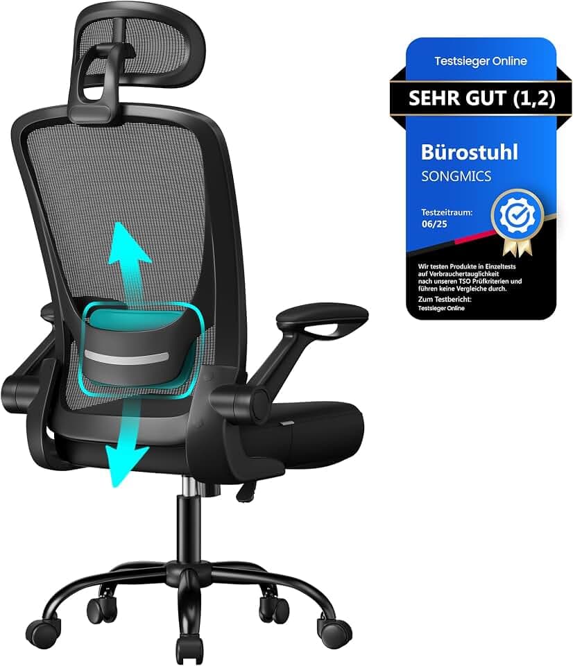 SONGMICS Bürostuhl ergonomisch, Drehstuhl mit Mesh, Lenden- und Kopfstütze, Wippfunktion, 53 cm große Sitzfläche, klappbare Armlehnen, Arbeits- und Schlafzimmer, Studenten, tintenschwarz OBN047B01