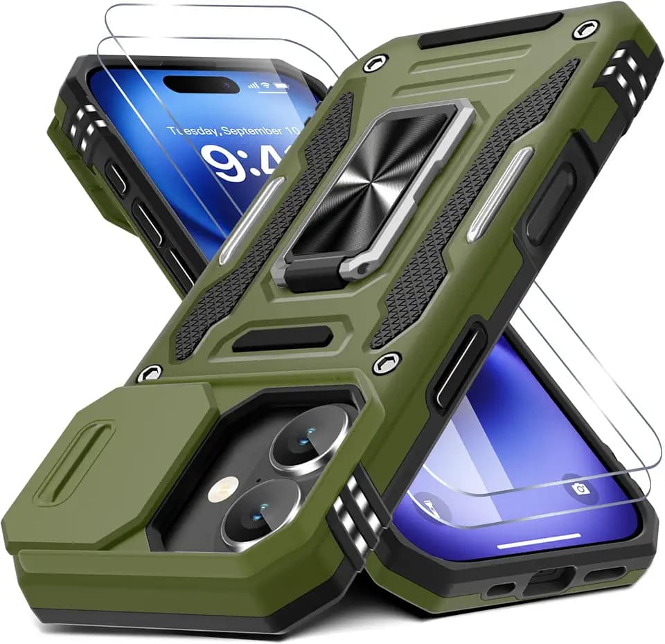 DEERLAMN Case for iPhone 17 6.3-Inch with Slide Camera Cover + Screen Protector (2 Packs), Rotated Ring Kickstand Military Grade Shockproof Protective Cover-Olive Green