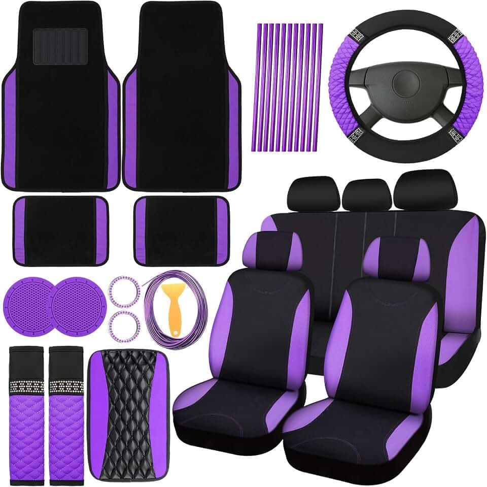BBTO 43 Pcs Car Accessories Set for Women Front Seats and Rear Bench Polyester Car Seat Protectors Wheel Cover Seat Floor Mats Full Crystal Automotive Interior Decor(Purple and Black)