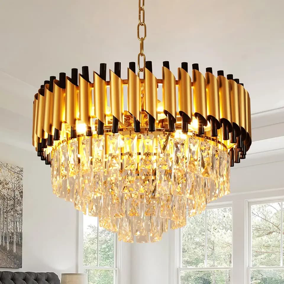 Depuley Modern Gold Crystal Chandelier: 6-Light Flush Mount Chandelier 12 Inch 4-Tier Luxury Round Hanging Pendant Light Fixture for Porch Bedroom Dining Room Foyer Included Bulbs