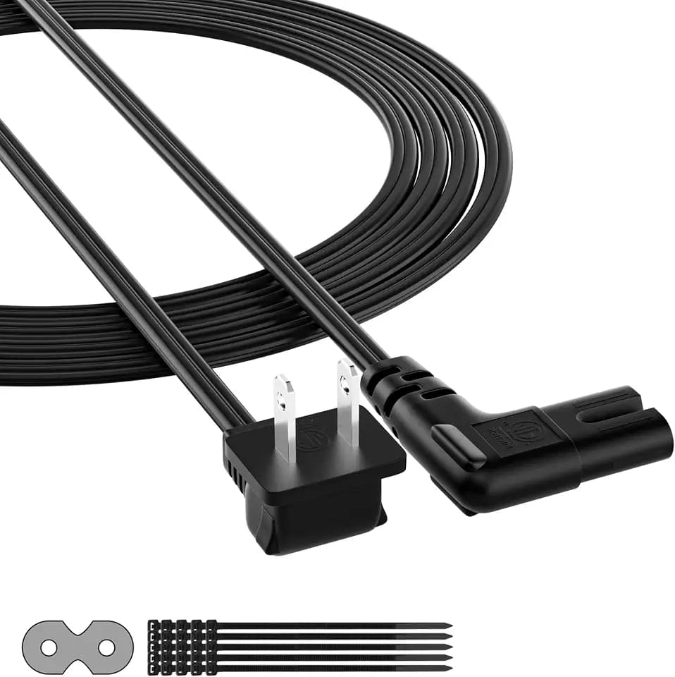 2-Slot Non-Polarized Right Angle Power Cord - 2 FT, NEMA 1-15P to IEC C7 90 Degree AC Power Cable, Universal (Figure 8) Power Supply, Black, with 25 Cable Ties