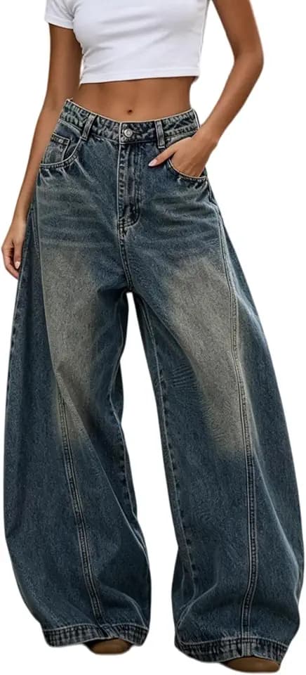 Womens Baggy Jeans Vintage Oversized Pants Aesthetic Hip Hop Jeans Relaxed Fit Ultra Flared Bottom Casual Streetwear Style