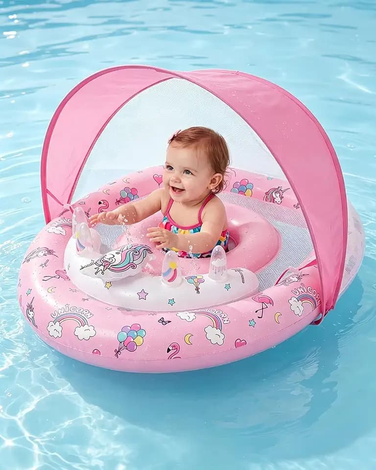 ZOOMSNAIL Baby Pool Float, Inflatable Kids Pool Floats with with Canopy UPF50+ Sun Protection for Baby 6-36 Months, Infant Swimming Float with Adjustable Safety Seat for Boys Girls