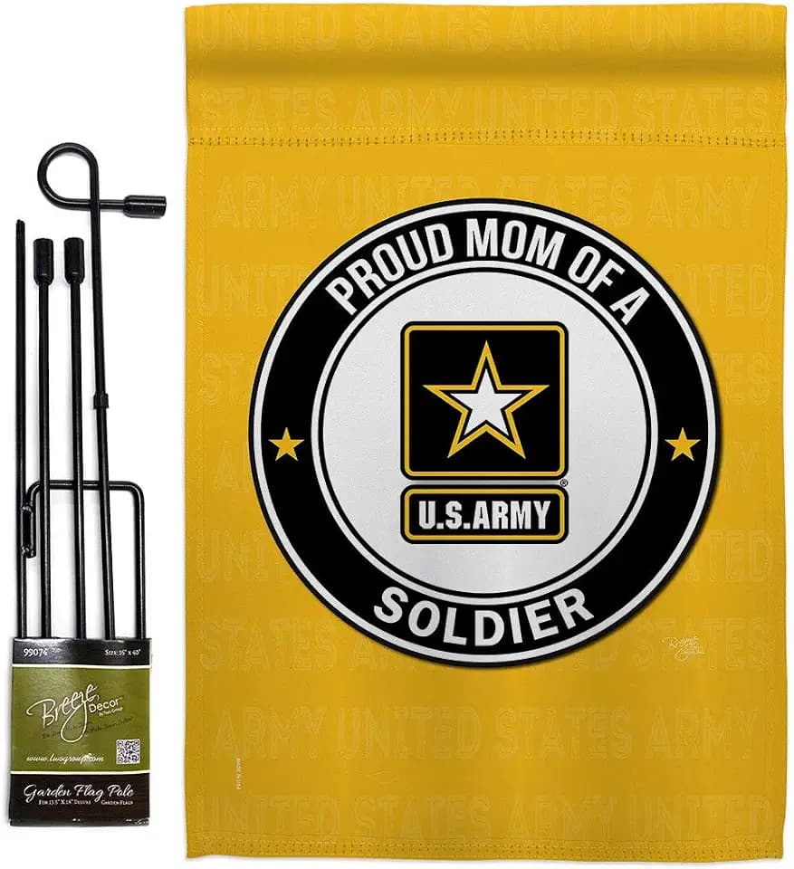 Proud Mom Soldier Garden Flag - Set with Stand Armed Forces Army Rangers United State American Military Veteran Retire Official - House Banner Small Yard Gift Double-Sided Made In USA 13 X 18.5