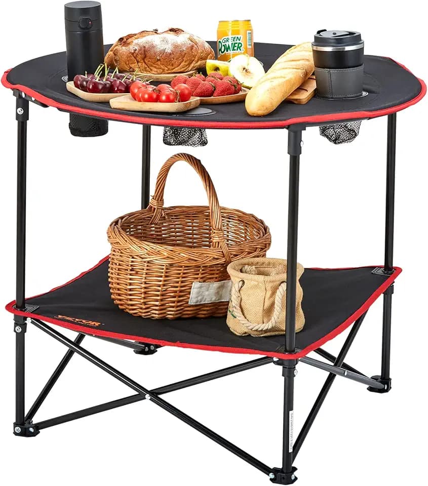 VEVOR Klapptisch Campingtisch 720x720x610 mm, Zusammenklappbarer Gartentisch 2-lagiger Balkontisch Mehrzwecktisch mit 4 Getränkehaltern 25 kg Belastbar Camping Tisch Falttisch Tragbar Oxford-Stoff