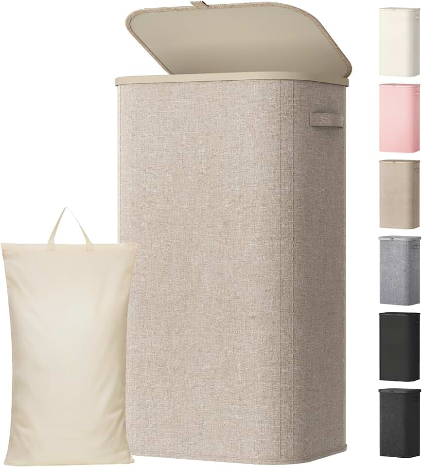 Lifewit 105L Wäschekorb mit Deckel, faltbarer Wäschesammler, Beige