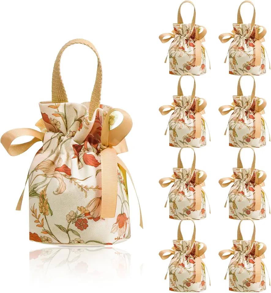 Liobelon 8 Pieces Floral Mini Gift Bags with Handles 14x9.5x6cm/5.5x3.7x2.3inch Canvas Small Candy Bag Tea Party Favor Bags for Party, Wedding, Bridal Shower, Valentine's Day, Mother's Day (champagne)