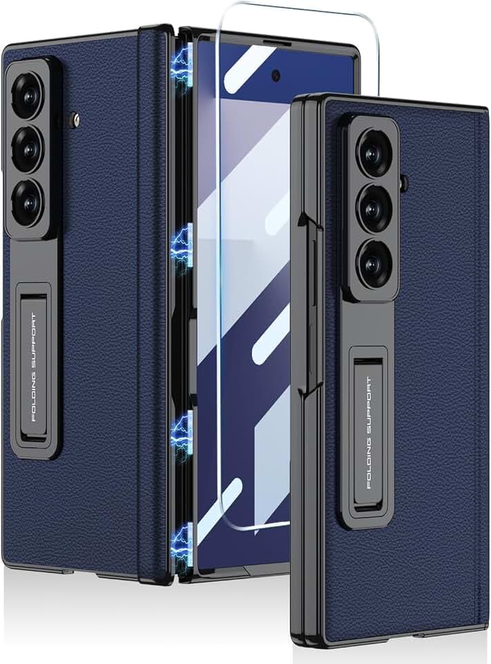 Lederhülle für Samsung Galaxy Z Fold 7 mit Ständer, [Integrierter Displayschutz und Magnetscharnierschutz] Schlanke Luxuriöse Stoßfeste Schutzhülle mit Verchromtem Rahmen für Z Fold 7(Blau)
