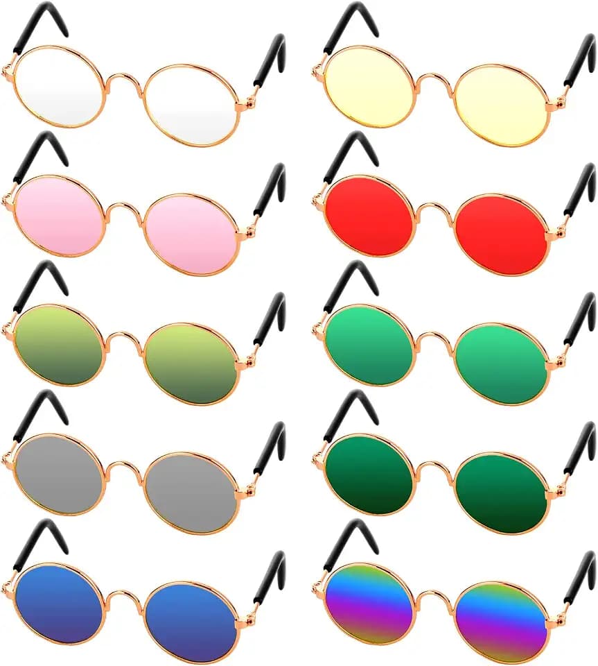 Frienda 10Pcs Cat Dog Sunglasses Funny Pet Glasses Round Metal, Mixed Color