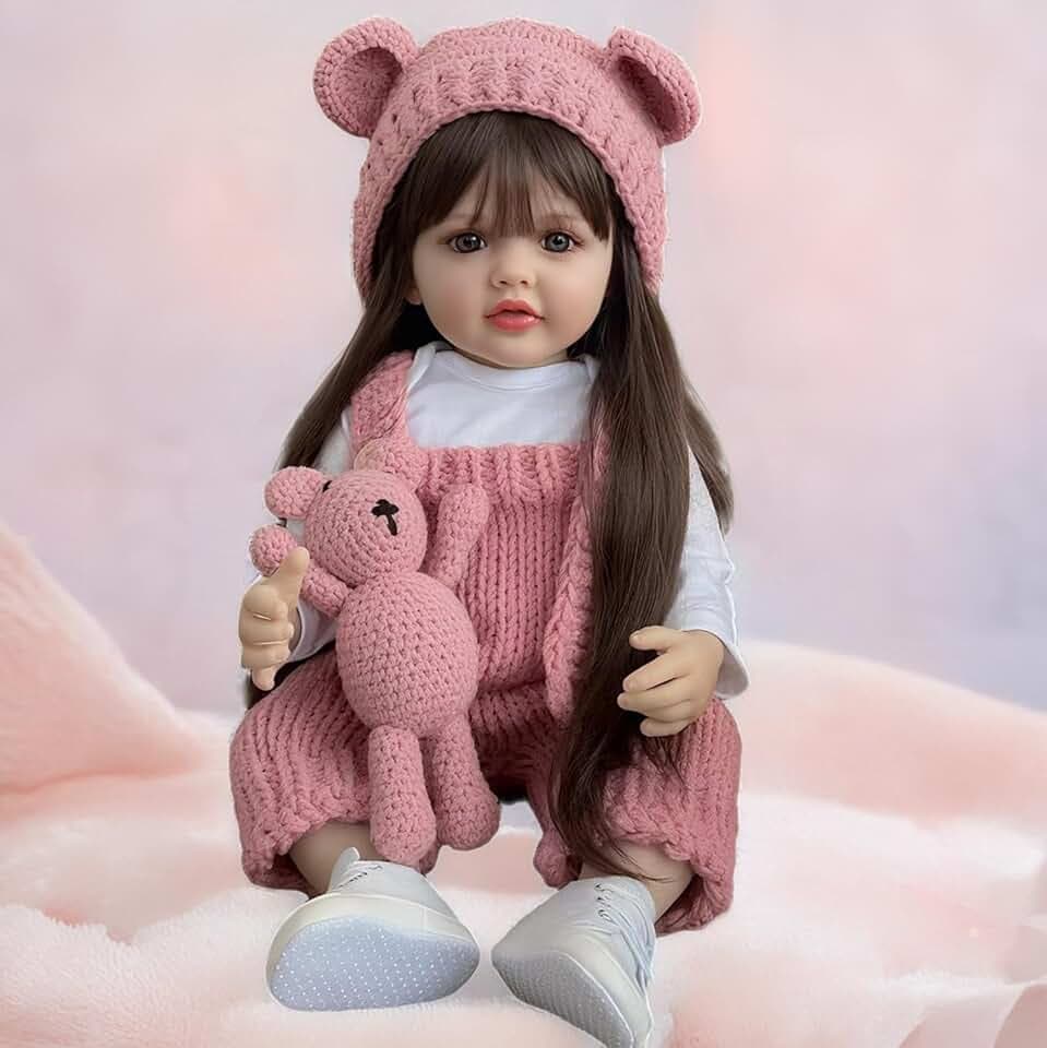 Pinky Lovely 22inch 55cm Reborn Baby Dolls Girl Real Life Full Body Vinyl Newborn Baby Dolls Realistic Looking Brown Long Hair Girl Doll Toy for Ages 3+