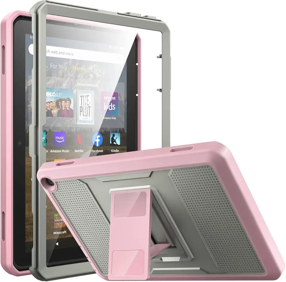 MoKo Case Fits All-New Amazon Kindle Fire HD 8 & 8 Plus Tablet (12th Generation, 2024/2022 Release) 8“, Full Body Rugged Hands-Free Viewing Stand Back Cover with Screen Protector, Gray/Pink